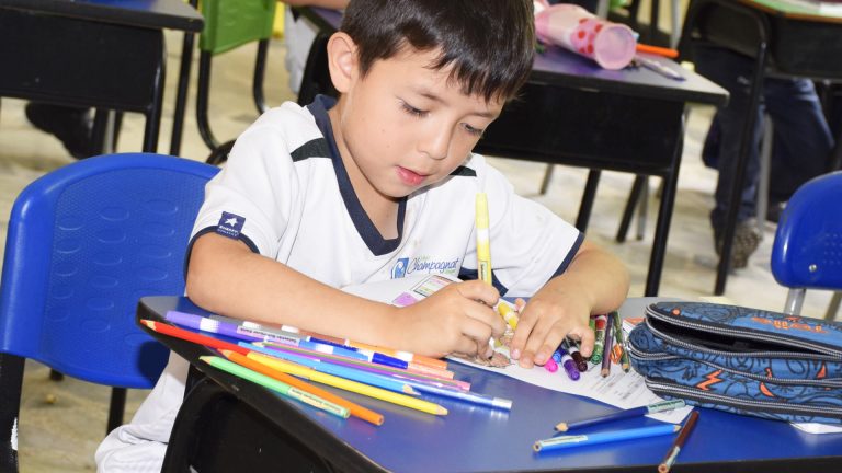 Niño de primaria colorea un dibujo con marcadores y lápices de colores en su pupitre.